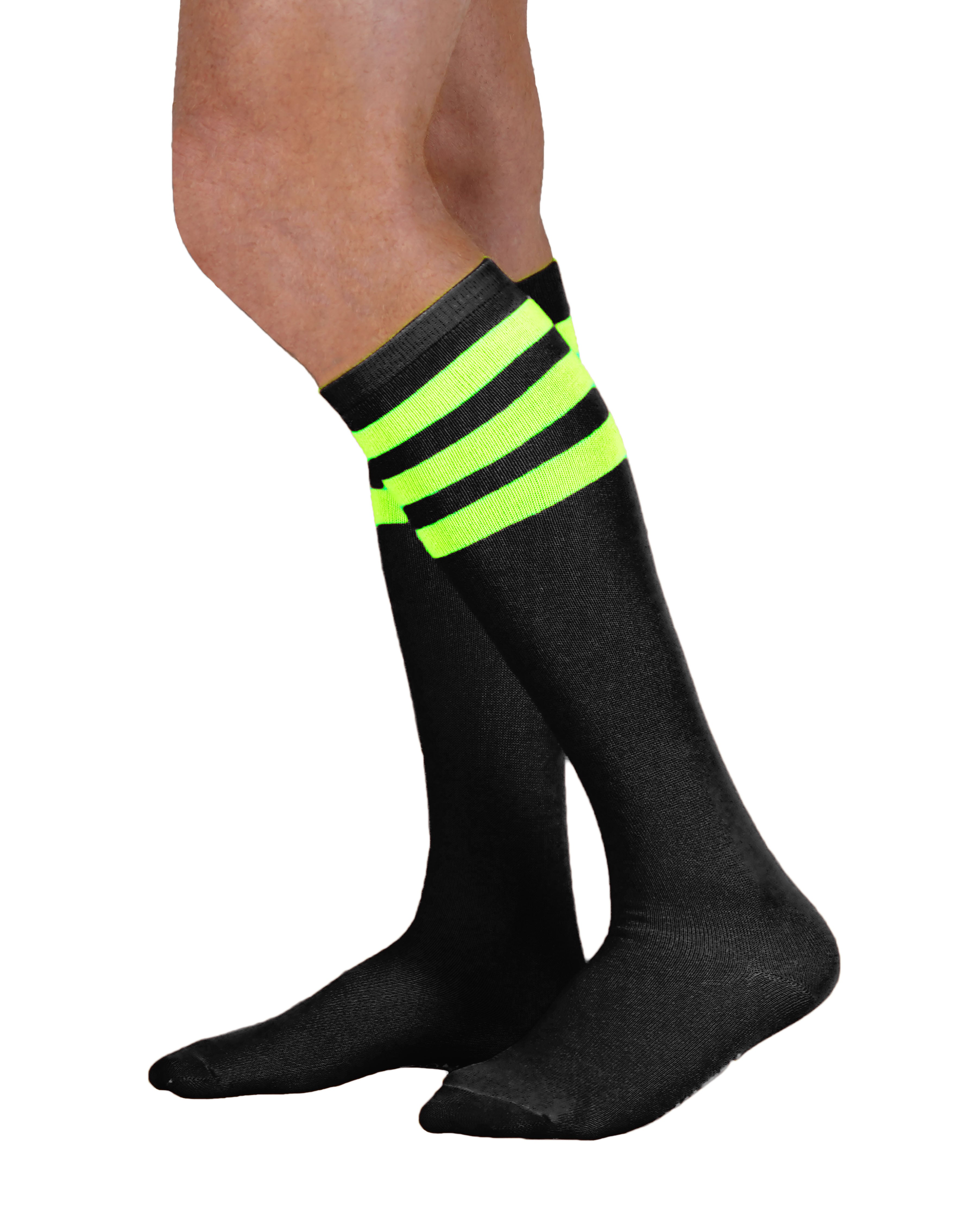 Unisex adult size black knee high tube sock with three neon lime green stripes