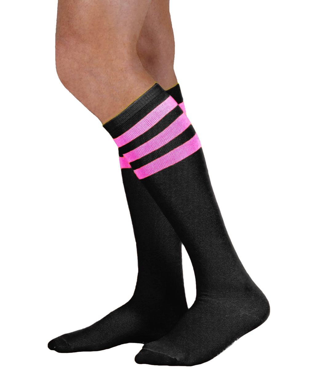 Unisex adult size black knee high tube sock with three neon hot pink stripes