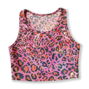 Printed Sleeveless Racerback Crop Top T-Shirt (Pink and Orange Glitter Animal Print)