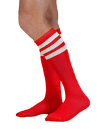 Load image into Gallery viewer, Unisex adult size red knee high tube sock with three white stripes
