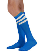 Load image into Gallery viewer, Unisex adult size royal blue knee high tube sock with three white stripes
