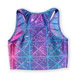 Load image into Gallery viewer, Printed Sleeveless Racerback Crop Top T-Shirt (Blue and Purple Glitter Triangle Print)
