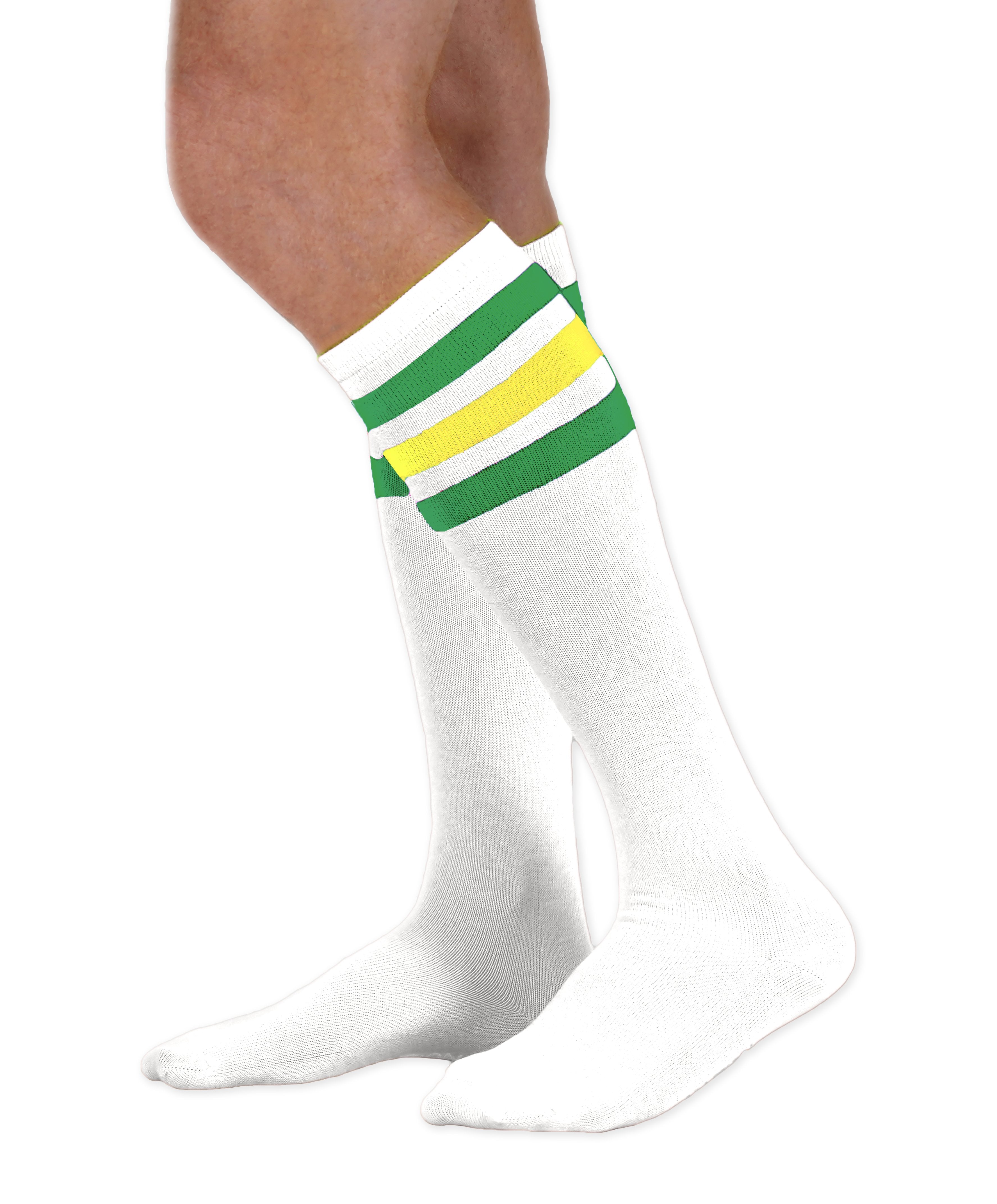 Unisex adult size white knee high tube sock with three kelly green and yellow stripes