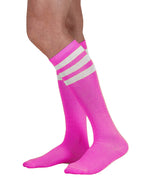 Load image into Gallery viewer, Unisex adult size fluorescent neon purple knee high tube sock with three white stripes
