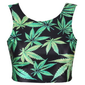 Green Marijuana 420 Leaf Graphic Printed Crop Tank Top - Neon Nation