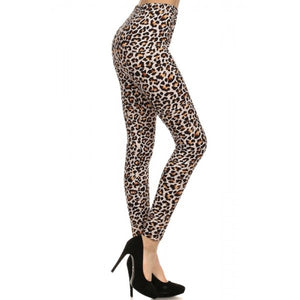 Brown Cheetah Animal Print Lined Leggings Pants w/ Elastic Waist - Neon Nation