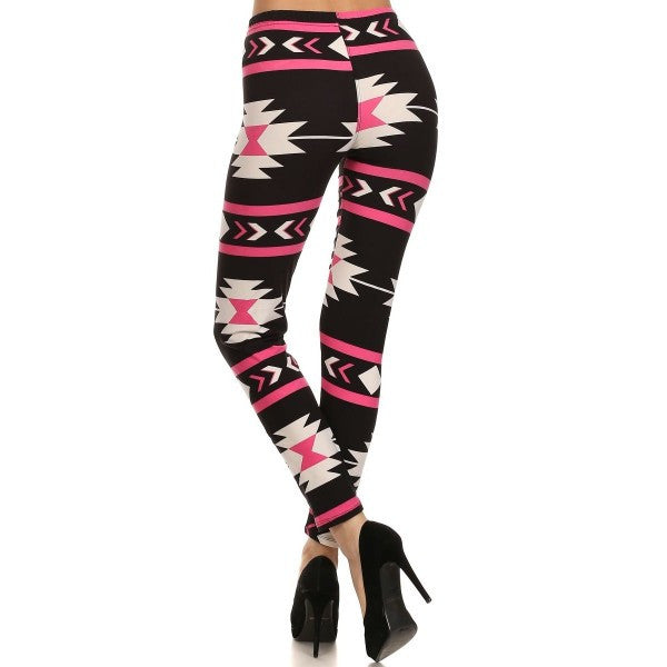 Pink/Black Aztec Tribal Geometric Navajo Print Pattern Leggings Pants - Neon Nation