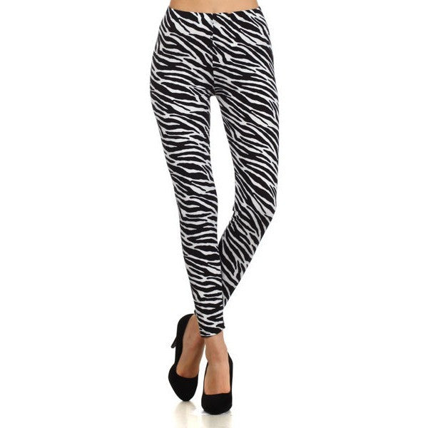 Black & White Zebra Print Graphic Leggings Pants w/ Elasticized Waist Band Trend - Neon Nation