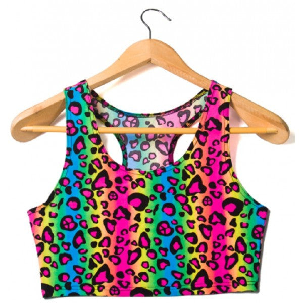 Neon Leopard Rainbow Animal Print T-Back Tank Crop Top