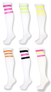 Neon 6 Pack -White Knee High Tube Socks w/ Neon Stripes - Neon Nation