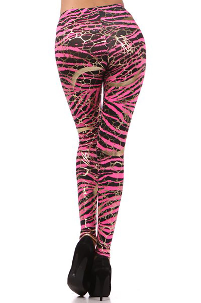 Metallic Neon Animal Zebra Print Leggings with Gold Accents Pants