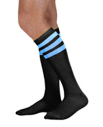 Load image into Gallery viewer, Unisex adult size black knee high tube sock with three neon blue stripes
