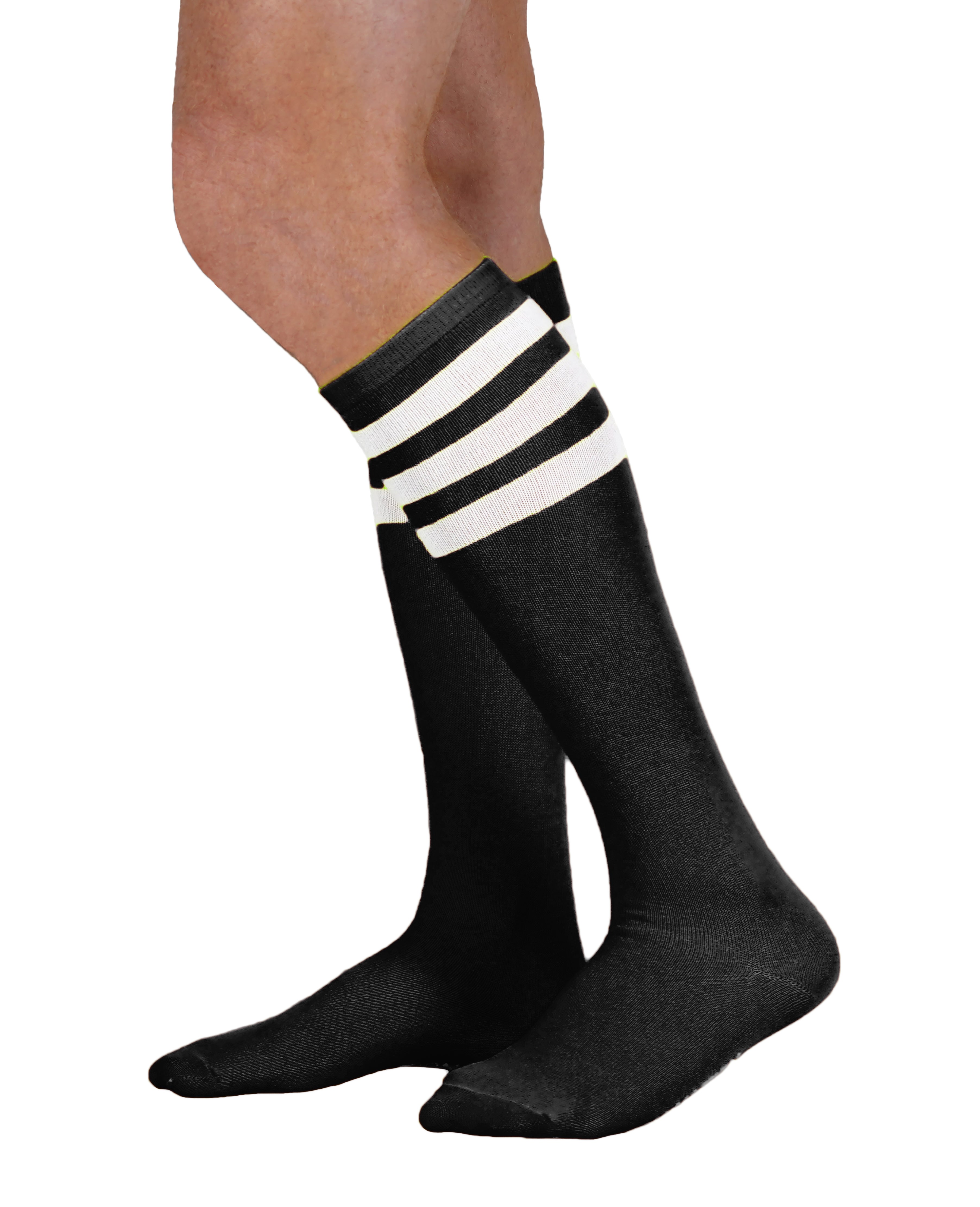 Unisex adult size black knee high tube sock with three white stripes