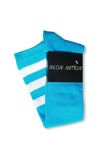 unisex adult size neon blue knee high tube sock with three white stripes