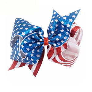 Large 6.5'' 4th Of July American Flag Glitter Hair Bow With Alligator Clip