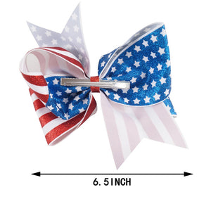 Large 6.5'' 4th Of July American Flag Glitter Hair Bow With Alligator Clip