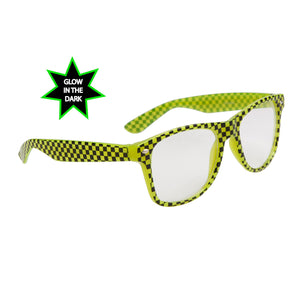 Glow In The Dark Clear Lens Wayfarer Sunglasses w/ Neon Checkered Frame