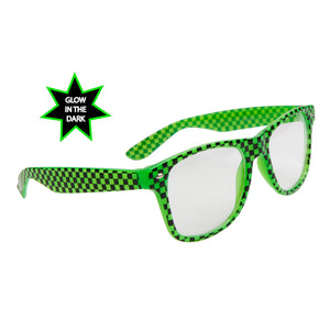 Glow In The Dark Clear Lens Wayfarer Sunglasses w/ Neon Checkered Frame