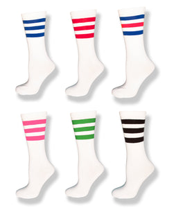 6 Pack Crew Cut Calf Height White Sock with Colored Stripes