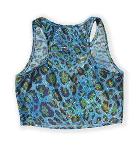 Printed Sleeveless Racerback Crop Top T-Shirt (Blue and Green Glitter Animal Print)
