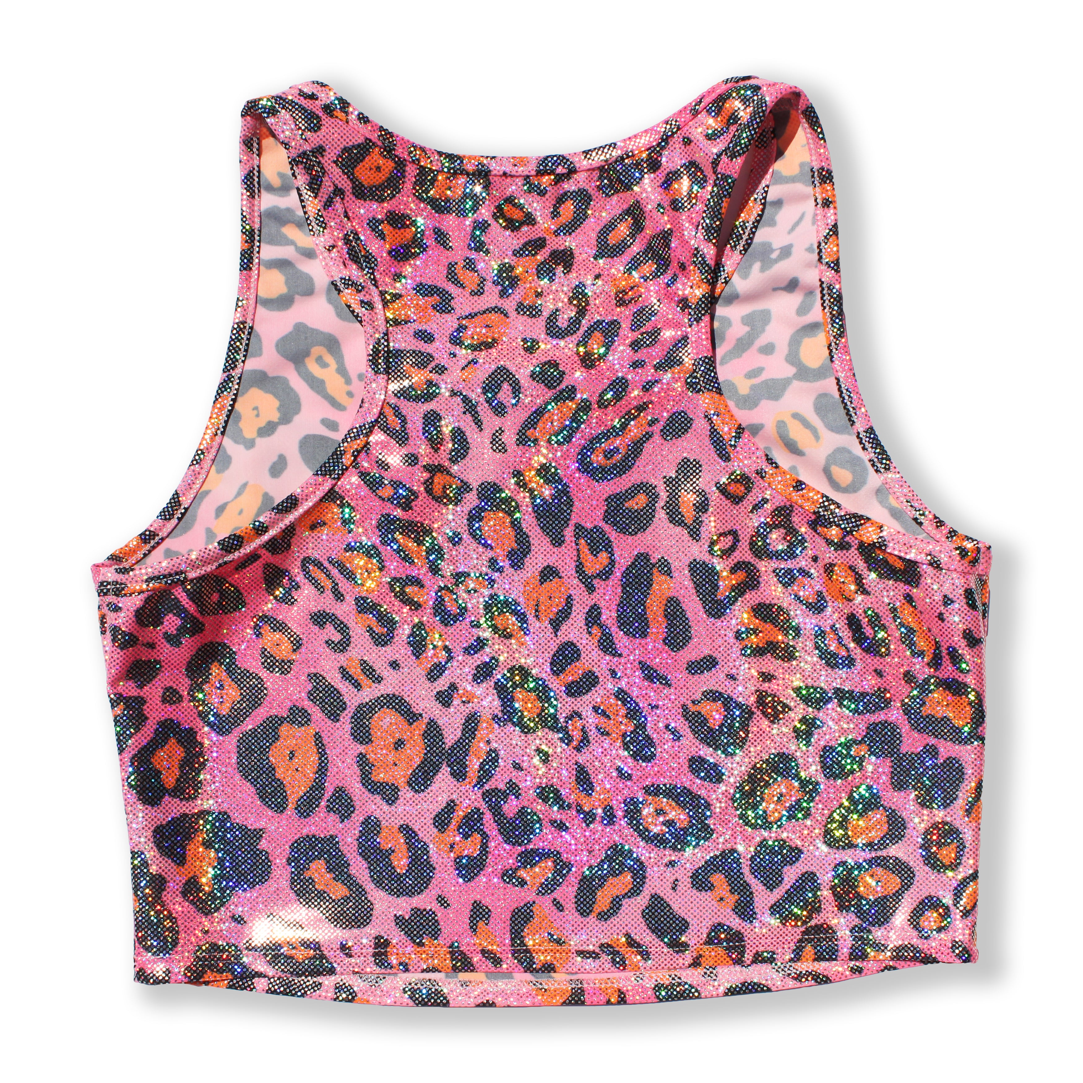 Printed Sleeveless Racerback Crop Top T-Shirt (Pink and Orange Glitter Animal Print)