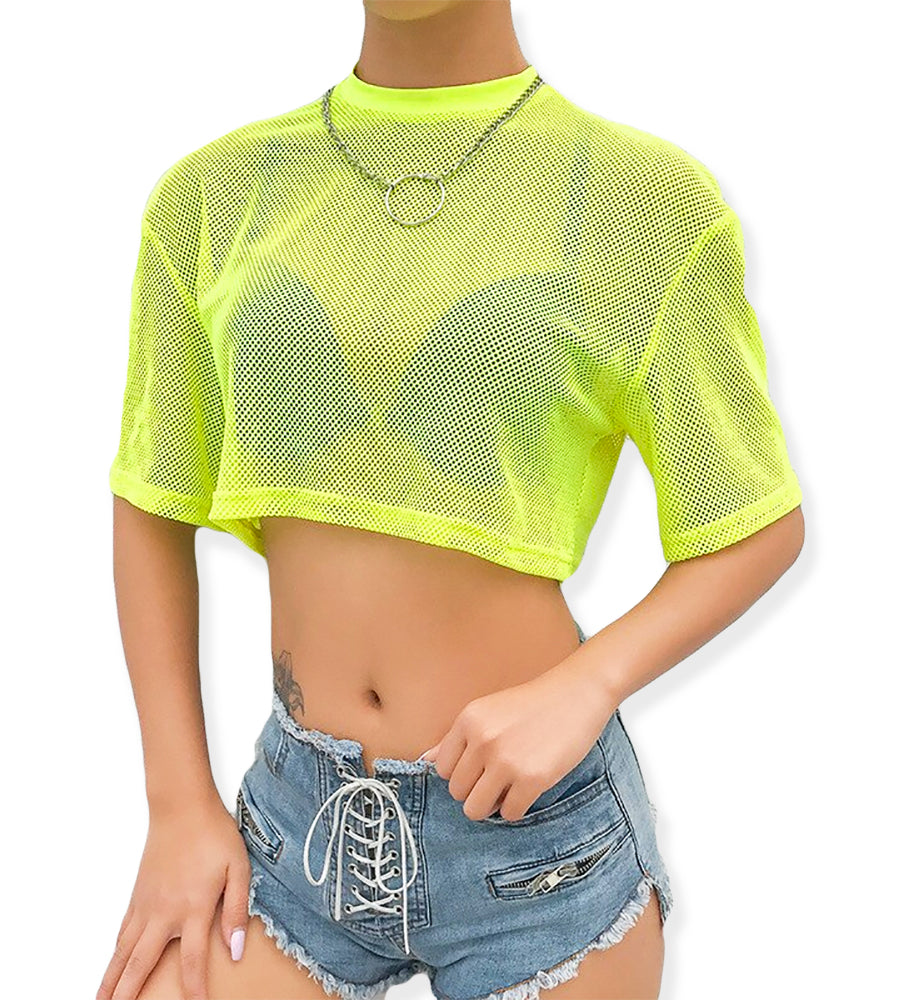 Short Sleeve Neon Mesh Fishnet Crop Top T-Shirt