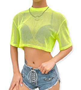 Short Sleeve Neon Mesh Fishnet Crop Top T-Shirt