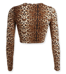 Leopard Animal Print Long Sleeve O Neck Crop Top