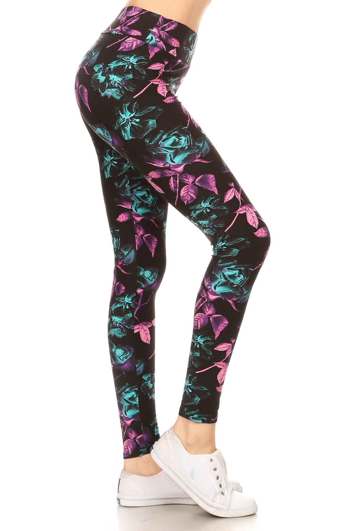 Pink & Aqua Blue Floral Print Leggings Yoga Style w/ Banded Waist