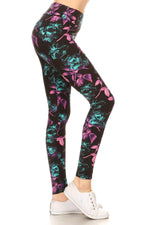 Load image into Gallery viewer, Pink &amp; Aqua Blue Floral Print Leggings Yoga Style w/ Banded Waist
