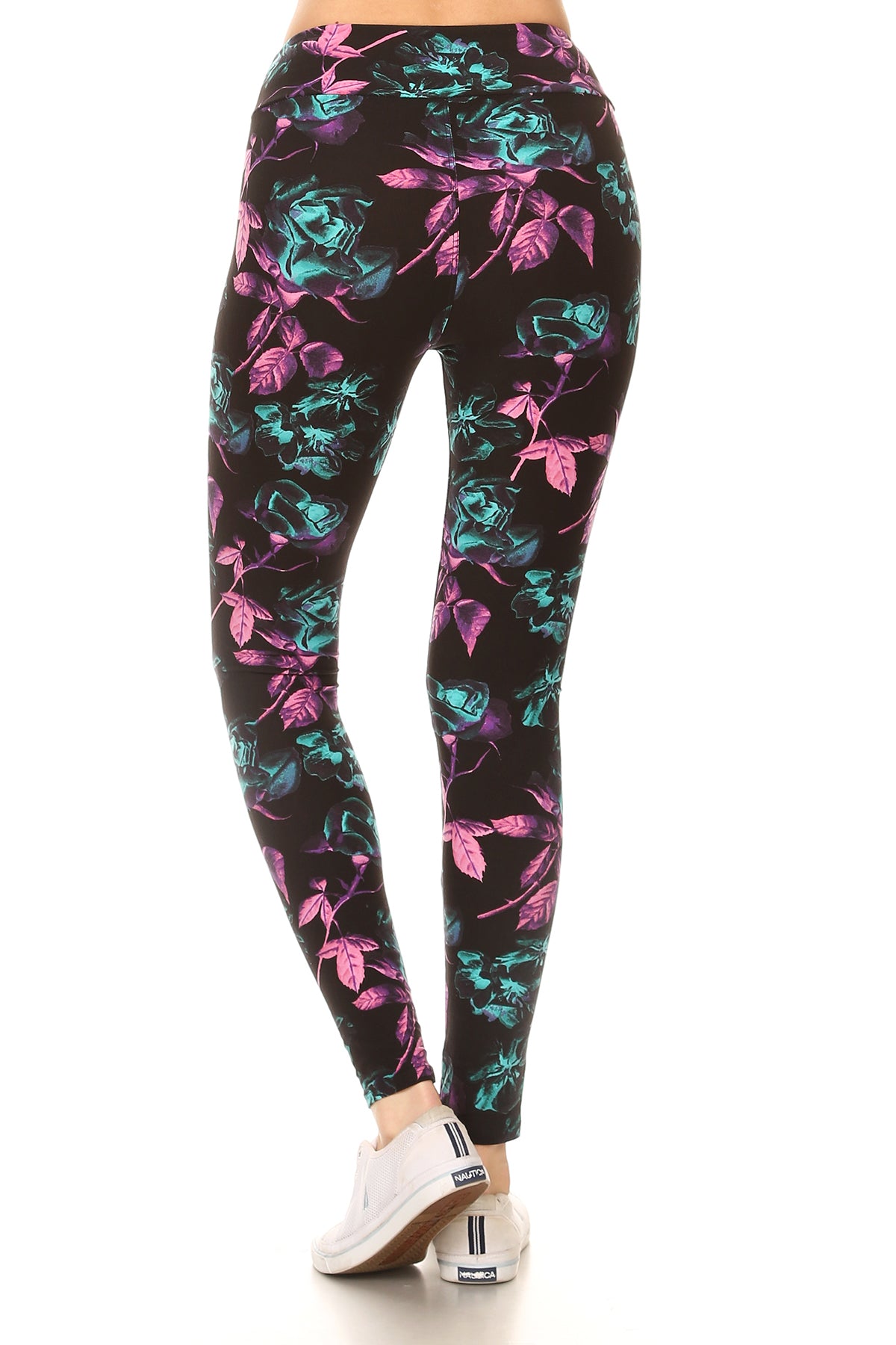 Pink & Aqua Blue Floral Print Leggings Yoga Style w/ Banded Waist