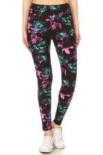 Load image into Gallery viewer, Pink &amp; Aqua Blue Floral Print Leggings Yoga Style w/ Banded Waist
