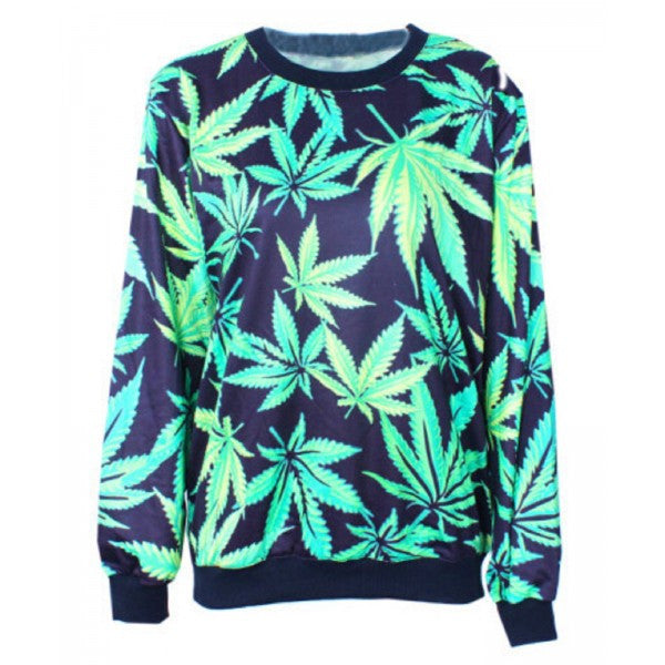 Green Marijuana Weed Leaf Print Pattern Pull Over Sweater Sweatshirt 420 Ganja - Neon Nation