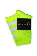 Load image into Gallery viewer, unisex adult size fluorescent neon lime green knee high tube sock with three white stripes
