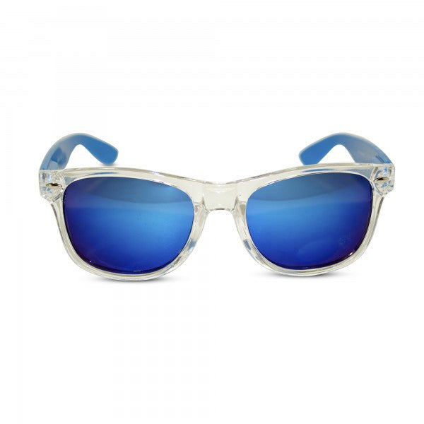 Transparent Frame Sunglasses with Neon Temples and Mirrored Lens