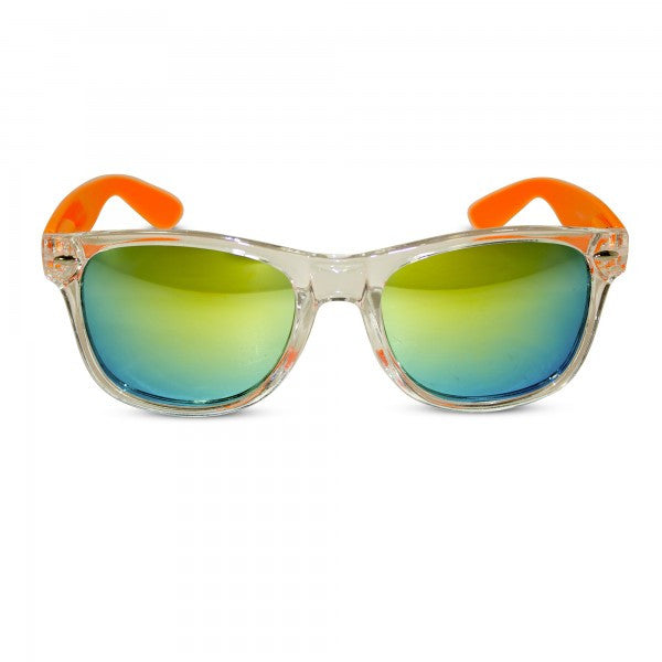 Transparent Frame Sunglasses with Neon Temples and Mirrored Lens
