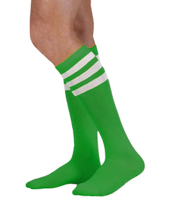 Unisex adult size kelly green knee high tube sock with three white stripes