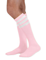 Load image into Gallery viewer, Unisex adult size light pink knee high tube sock with three white stripes
