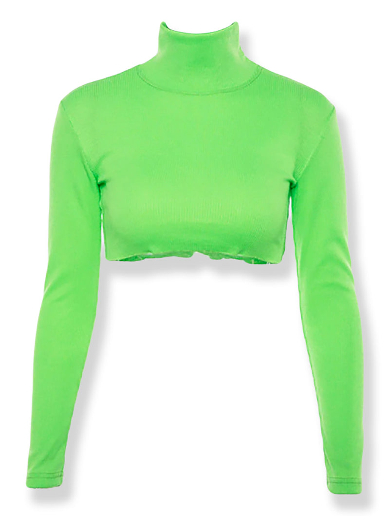 Neon Long Sleeve Turtle Neck Knitted Crop Top Shirt