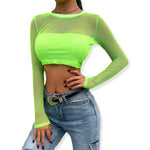 Load image into Gallery viewer, Long Sleeve Mesh Neon Fishnet Crop Top T-Shirt
