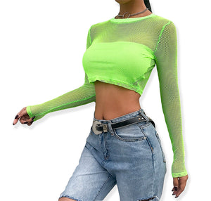Long Sleeve Mesh Neon Fishnet Crop Top T-Shirt