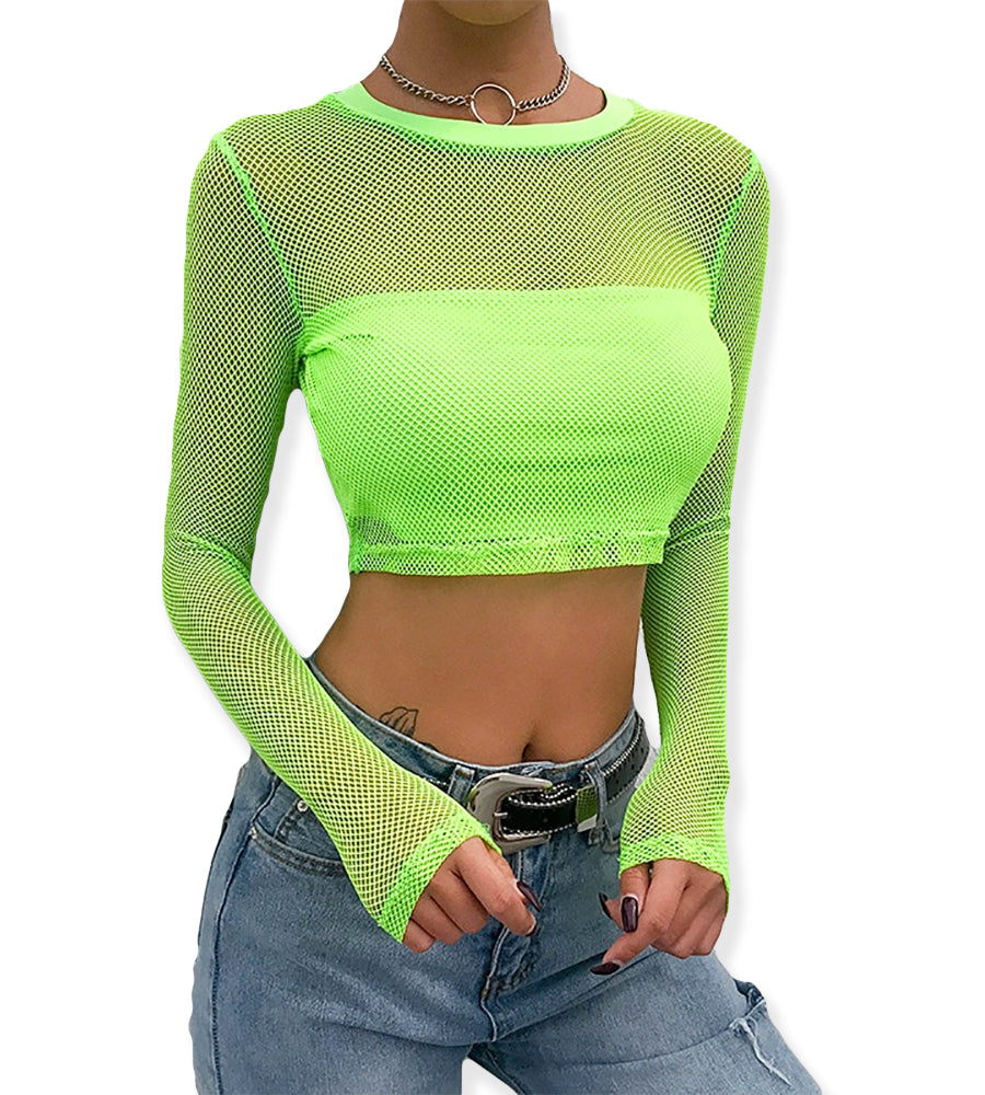 Long Sleeve Mesh Neon Fishnet Crop Top T-Shirt