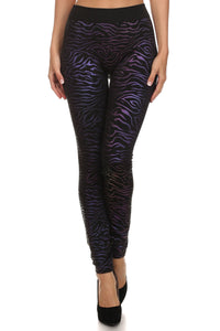 Black with Purple Metallic Zebra Animal Print Pattern Leggings