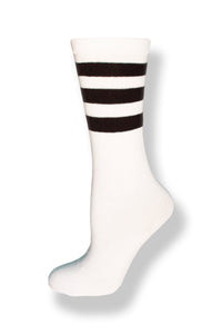 Calf high crew cut white sock with three black stripes