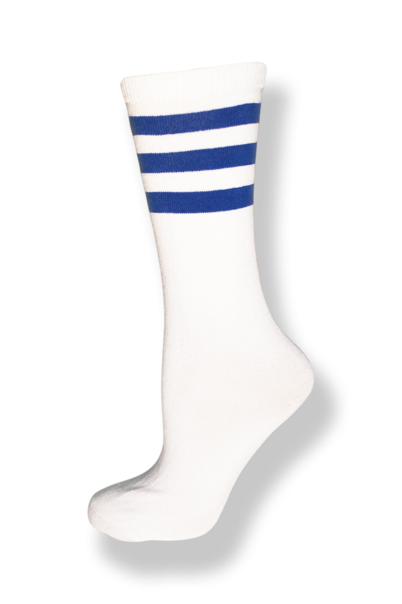 Unisex Mid Calf High White Sock w/ Royal Blue Stripes