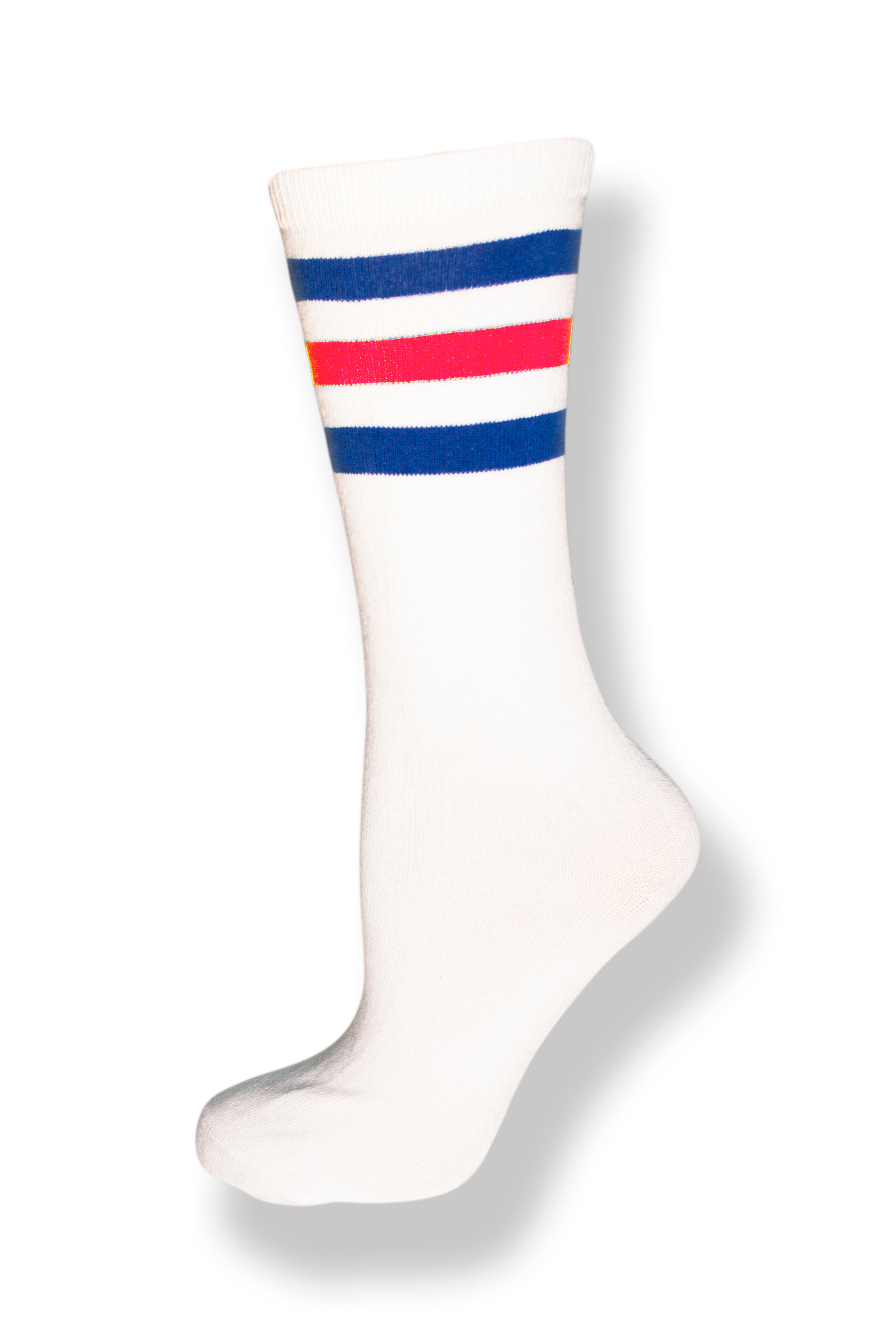Calf high crew cut white sock with three royal blue and red stripes