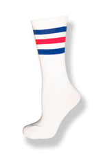 Load image into Gallery viewer, Calf high crew cut white sock with three royal blue and red stripes
