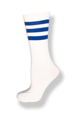 Load image into Gallery viewer, Calf high crew cut white sock with three royal blue stripes
