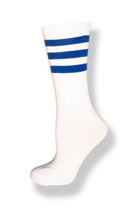 Calf high crew cut white sock with three royal blue stripes