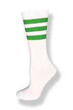 Load image into Gallery viewer, Calf high crew cut white sock with three kelly green stripes
